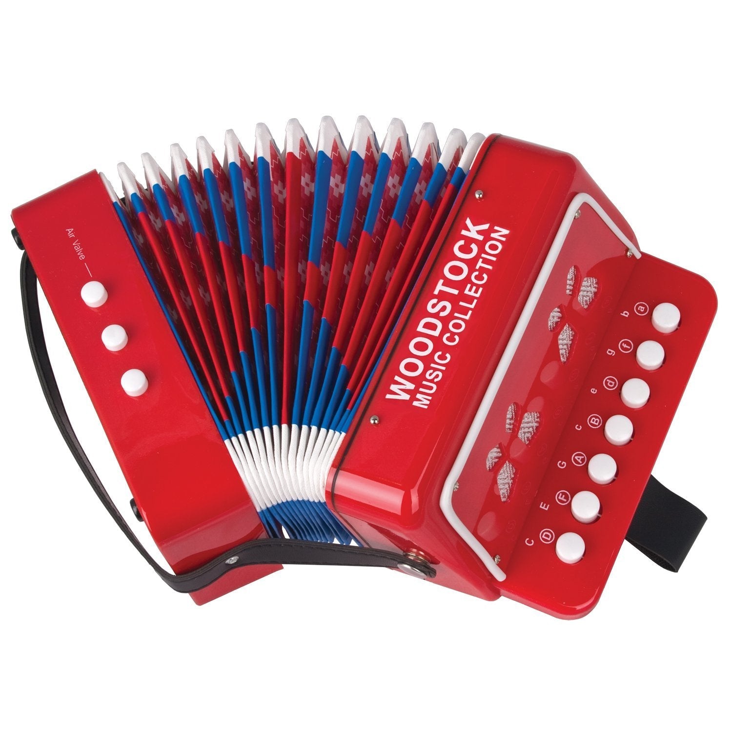 Red and blue toy button accordion with the words "Woodstock Music Collection" written on the top