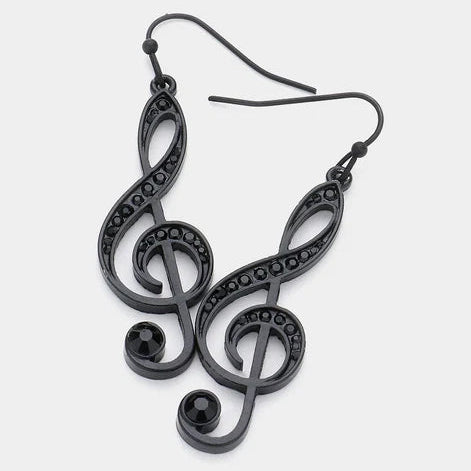 Earrings, Black Crystal - Treble Clef