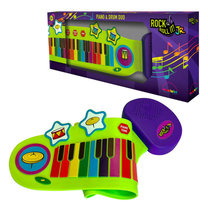 A colorful piano and drum combo set for children, with a flexible silicone design. The product is packaged in a box showing the instrument and includes various musical elements in bright colors.