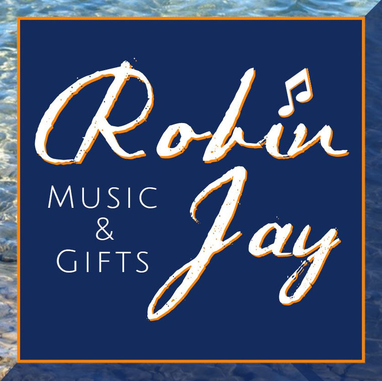 Square blue logo with orange edging for Robin Jay Music and Gifts