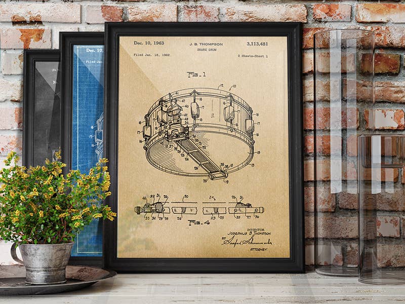 Patent Art Print, Snare Drum 1963 - Parchment / 8"x 10"