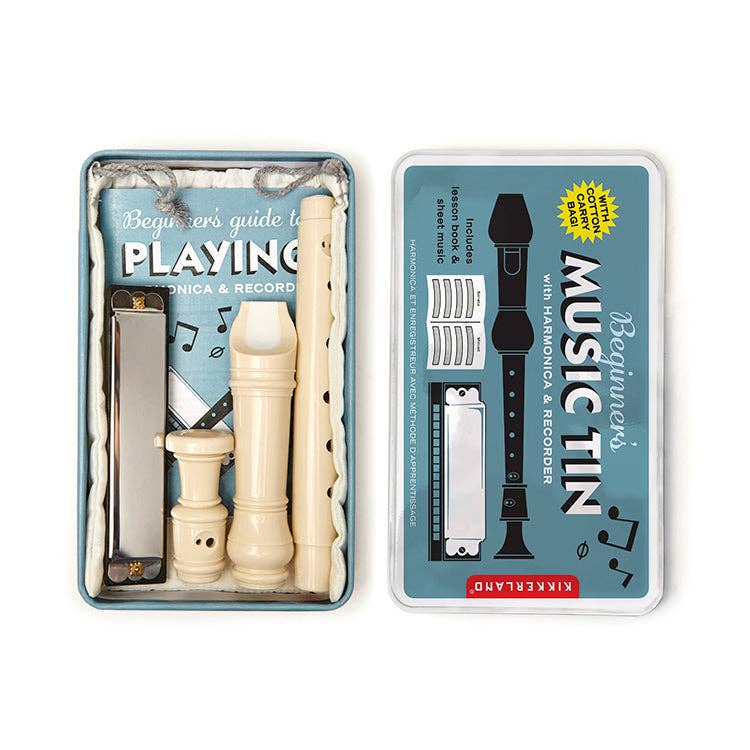 Compact music tin set with 3-piece recorder and harmonica on a white background