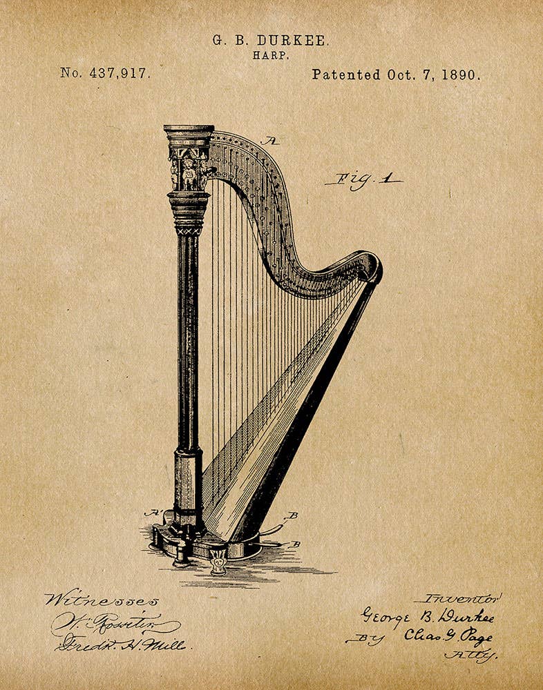 Patent Art Print, Harp 1890 - Parchment / 8"x 10"