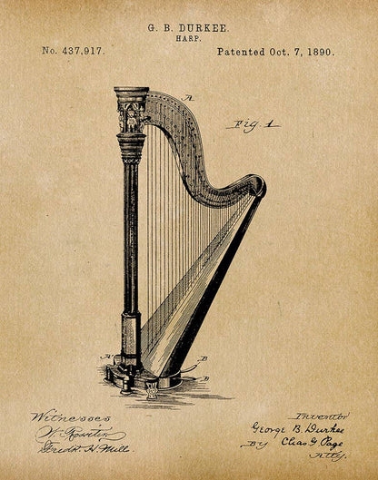 Patent Art Print, Harp 1890 - Parchment / 8"x 10"