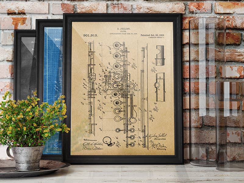 Patent Art Print, Flute 1908 - Parchment / 8"x 10"