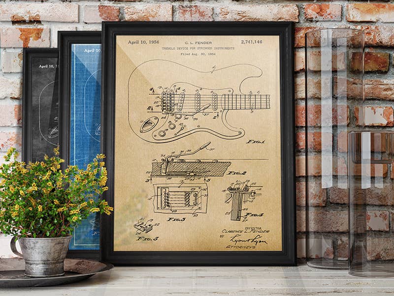 Patent Art Print, Fender Stratocaster Guitar 1956 - Parchment / 8"x 10"