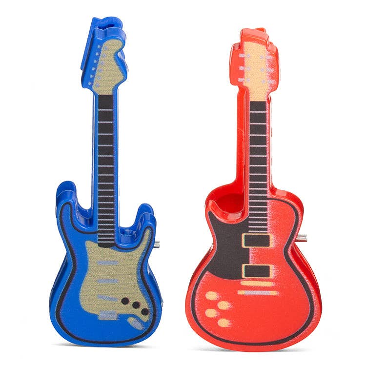Two guitar bag clips, one blue and one red, on a white background