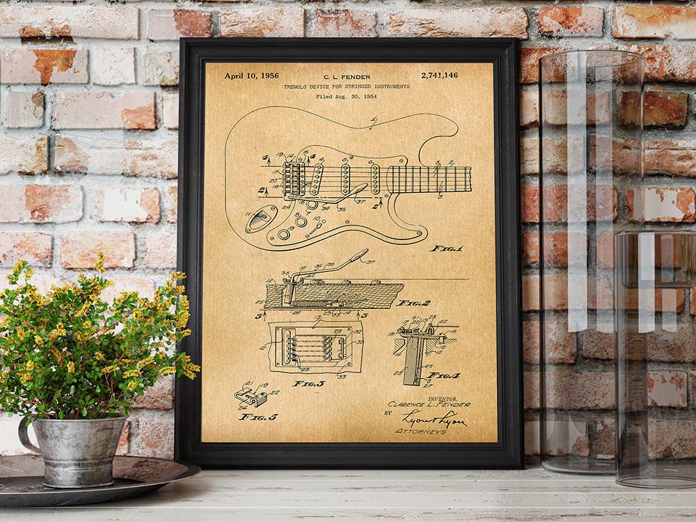 Patent Art Print, Fender Stratocaster Guitar 1956 - Parchment / 8"x 10"