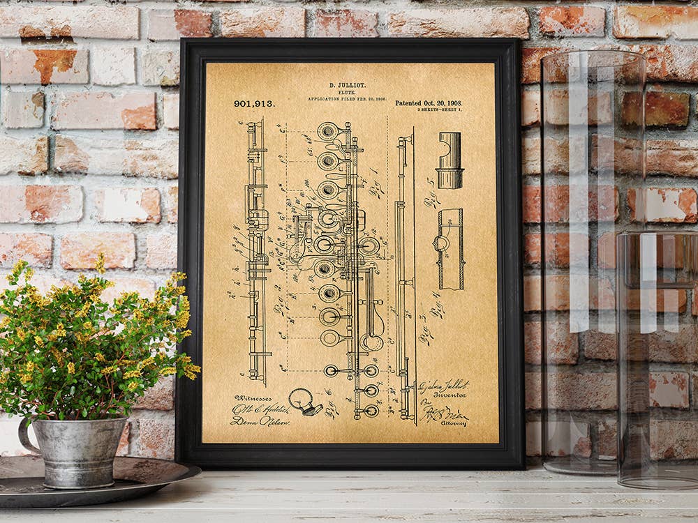 Patent Art Print, Flute 1908 - Parchment / 8"x 10"