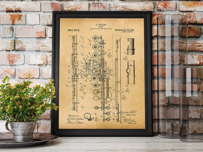 Patent Art Print, Flute 1908 - Parchment / 8"x 10"