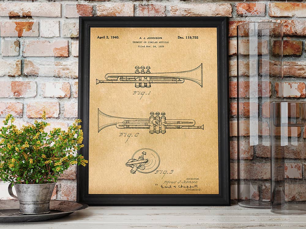 Patent Art Print, Trumpet Artwork 1940 - Parchment / 8"x 10"