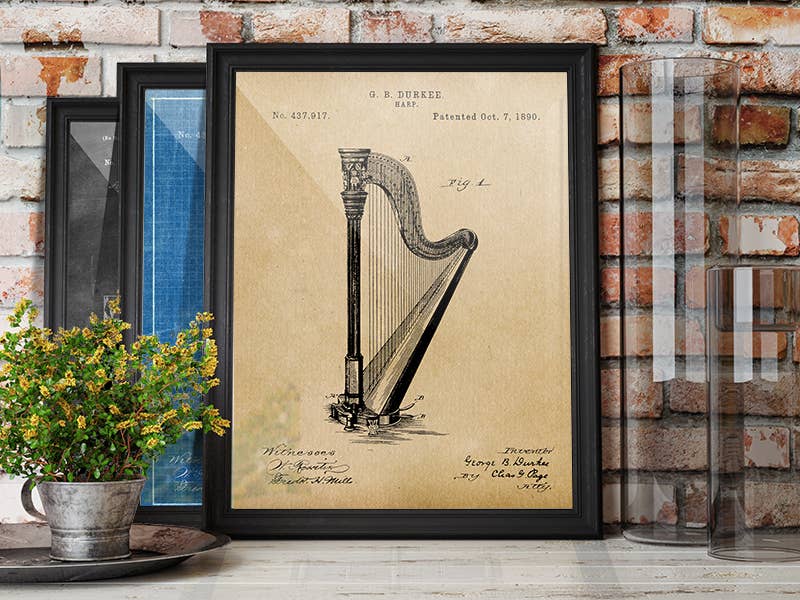 Patent Art Print, Harp 1890 - Parchment / 8"x 10"