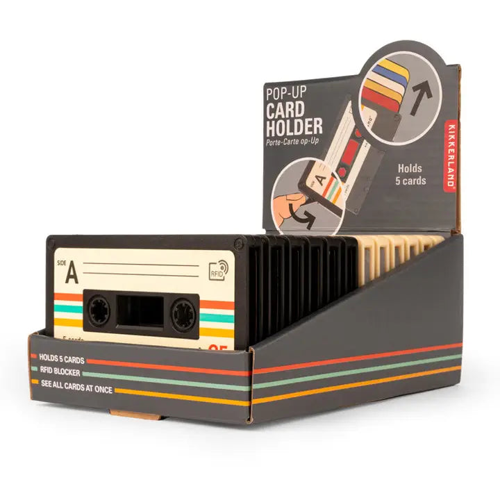 Pop-up card holder designed like a cassette tape on a white background