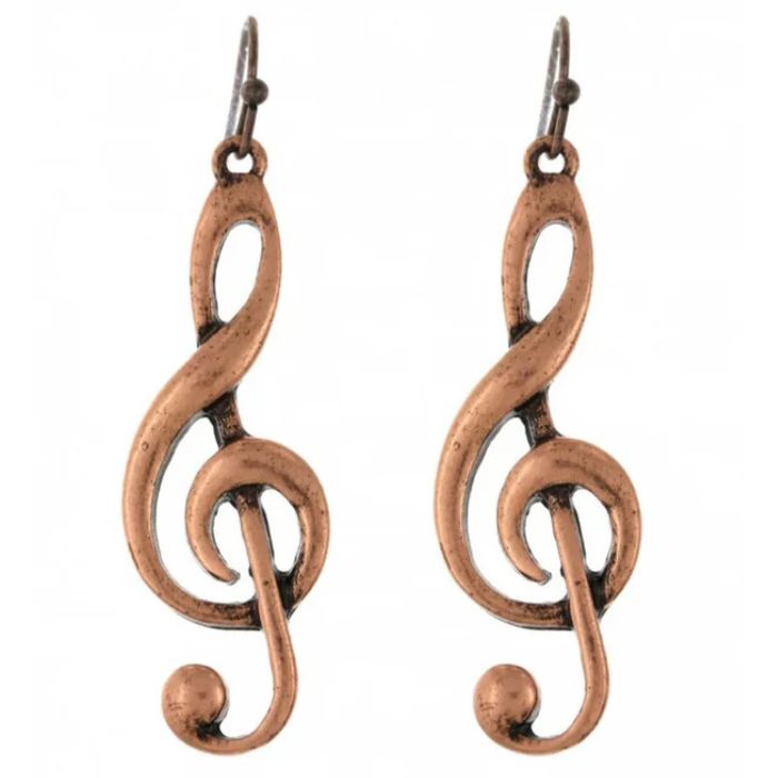 Copper treble clef earrings on a white background