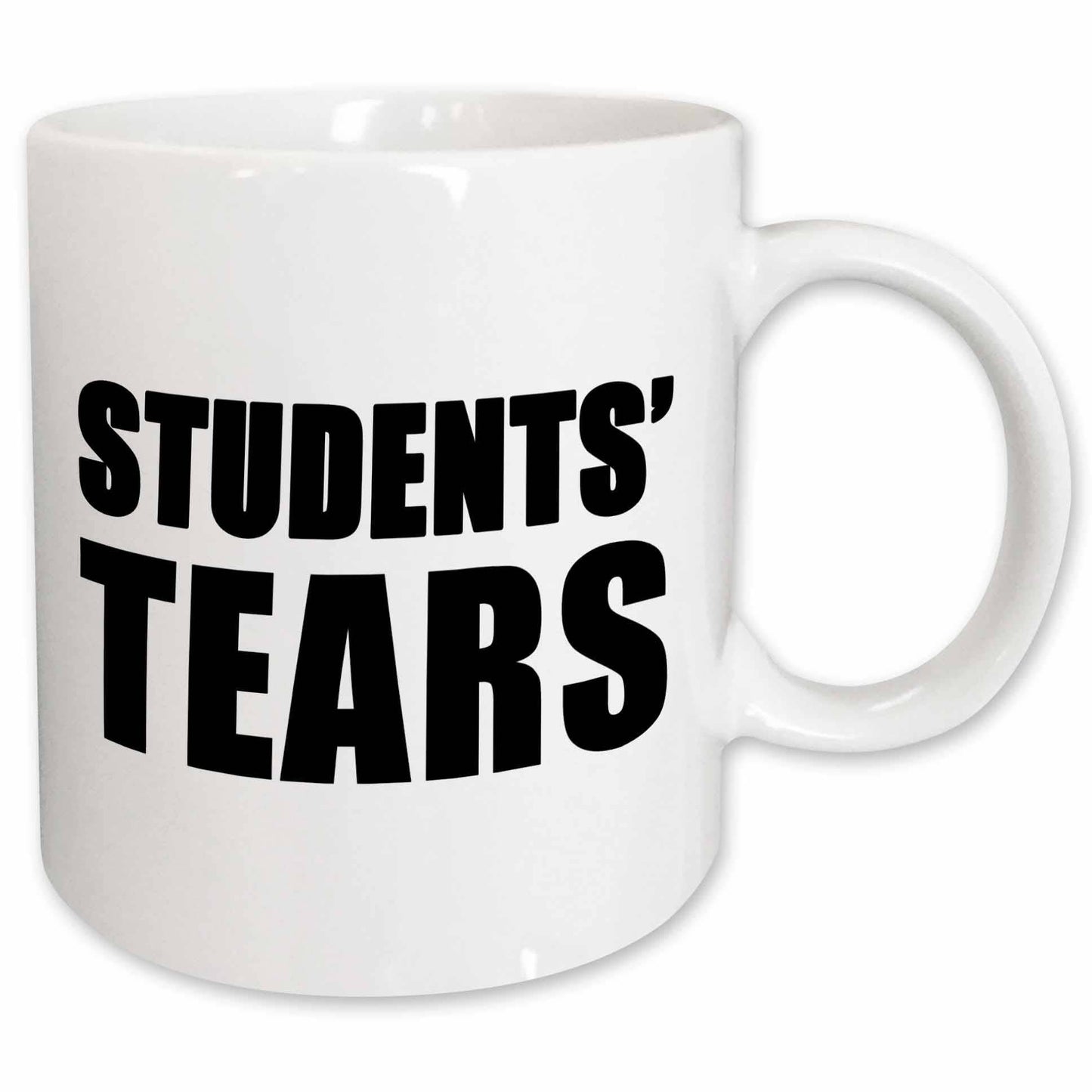 White mug with 'STUDENTS' TEARS' text in black on a white background