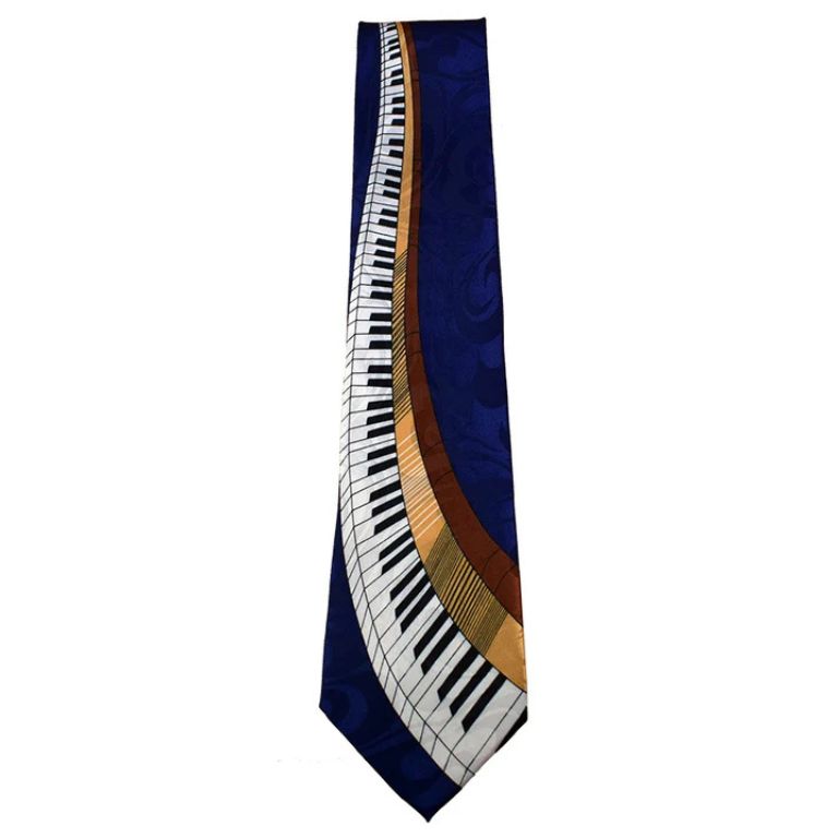 Neck tie with a piano key pattern on a navy blue background
