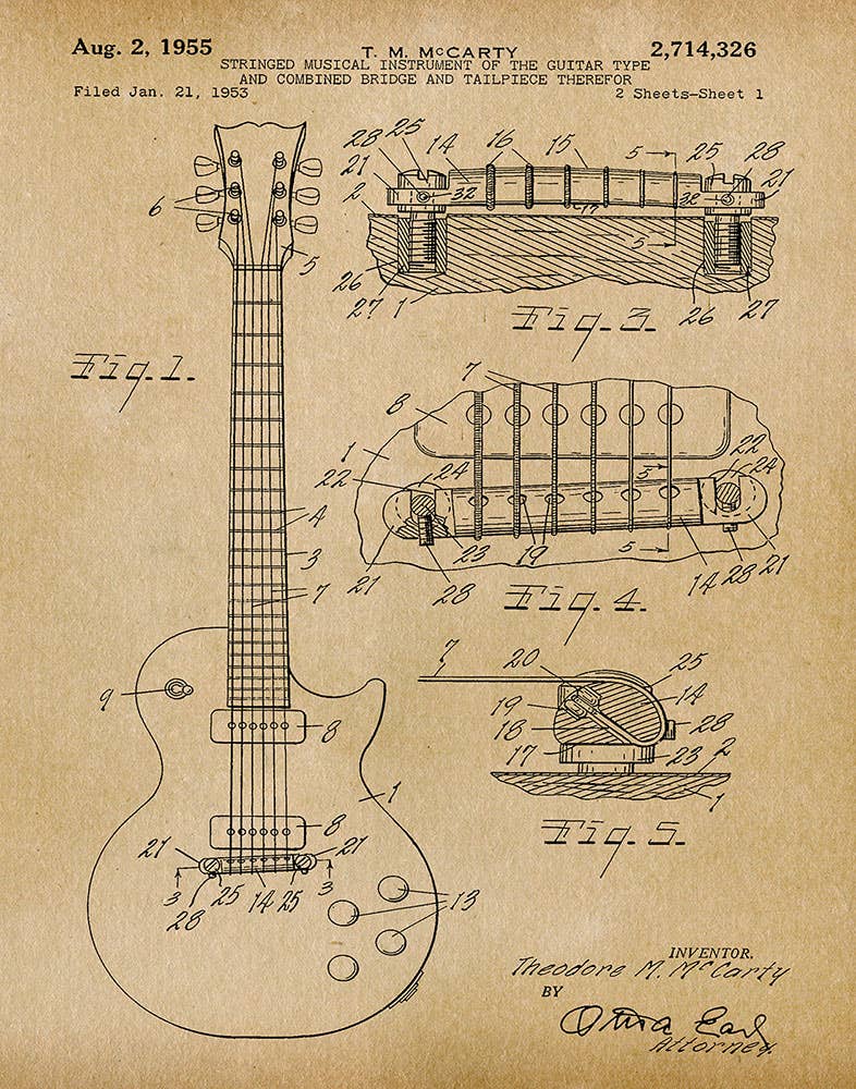 Patent illustration of a Gibsn guitar design on parchment paper background