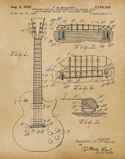 Patent illustration of a Gibsn guitar design on parchment paper background