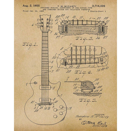 Patent Art Print, Gibson Guitar 1955 - Parchment / 8"x 10"