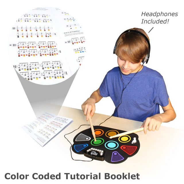 Child playing with a colorful electronic drum pad, wearing headphones, with a color-coded tutorial booklet on a white background.