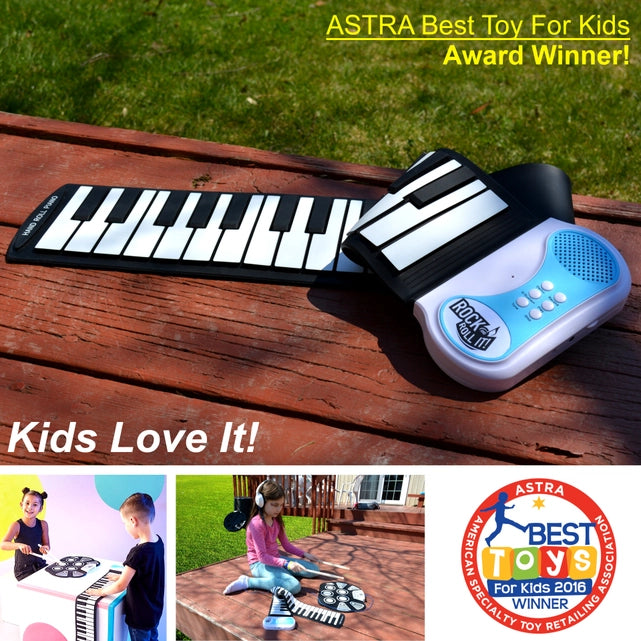 Roll-up keyboard on a wooden surface with 'ASTRA Best Toy For Kids Award Winner' text and children playing with it.