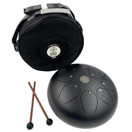 Black tongue drum with carrying case and mallets on a white background