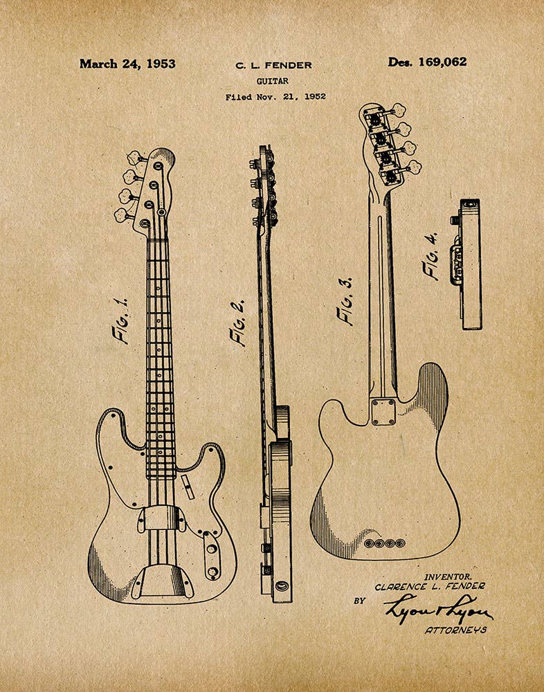 Patent drawing of a fender bass guitar on a beige background
