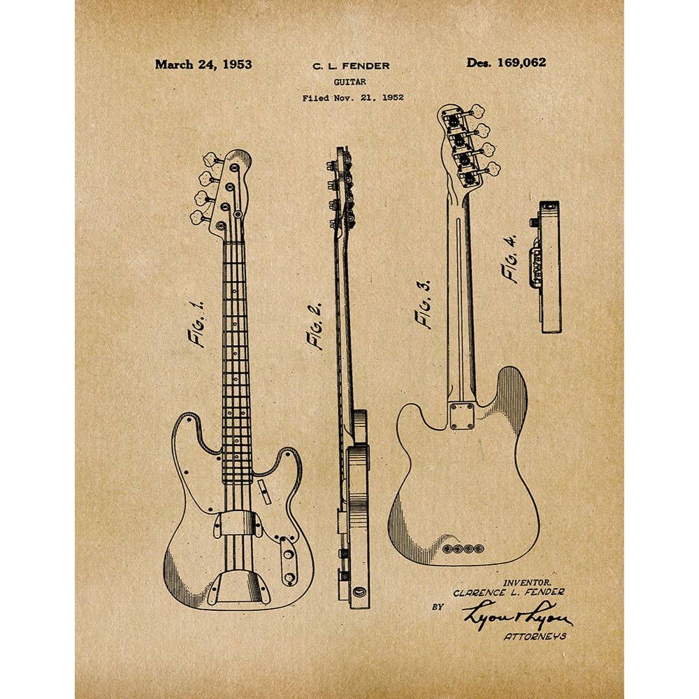 Patent Art Print Fender Bass Guitar 1953 - Parchment / 8"x 10"