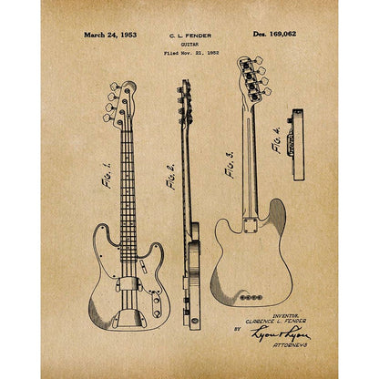 Patent Art Print Fender Bass Guitar 1953 - Parchment / 8"x 10"