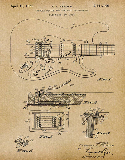 Patent illustration of a fender stratocaster guitar tremolo device on a textured beige background