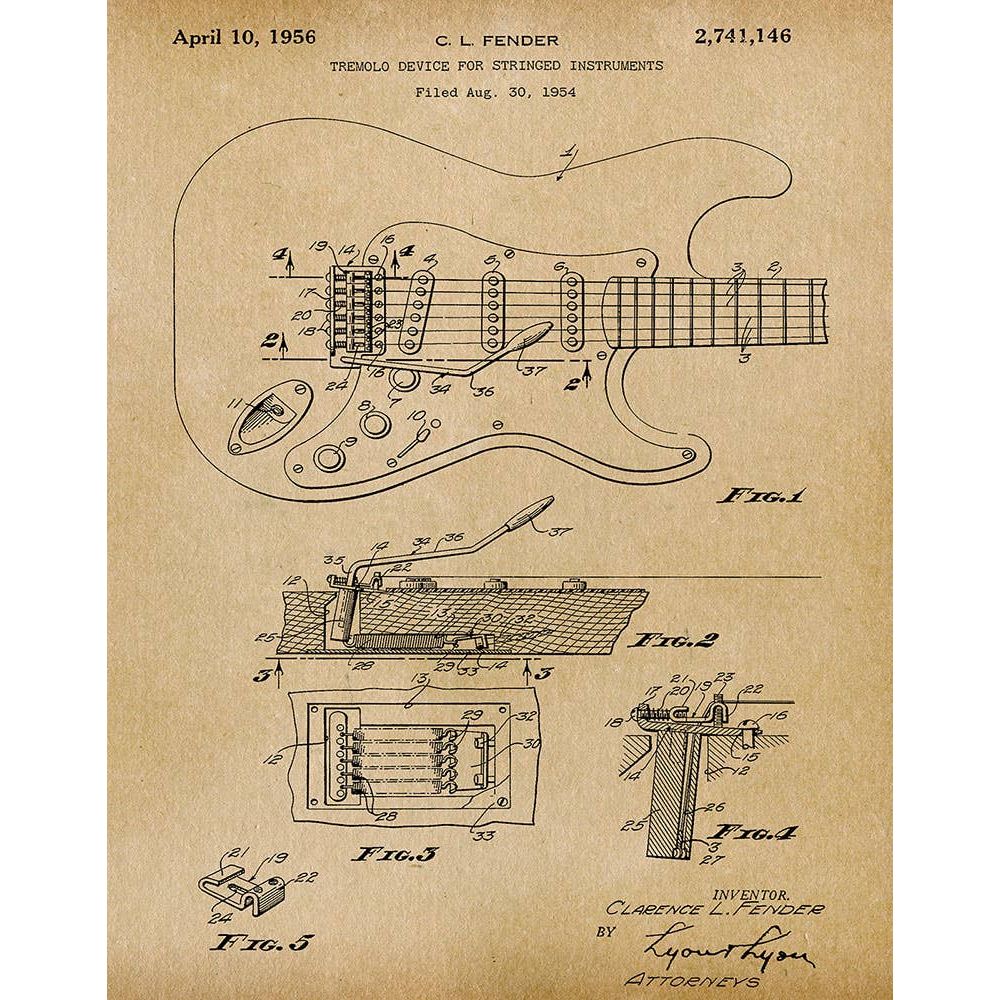 Patent Art Print, Fender Stratocaster Guitar 1956 - Parchment / 8"x 10"