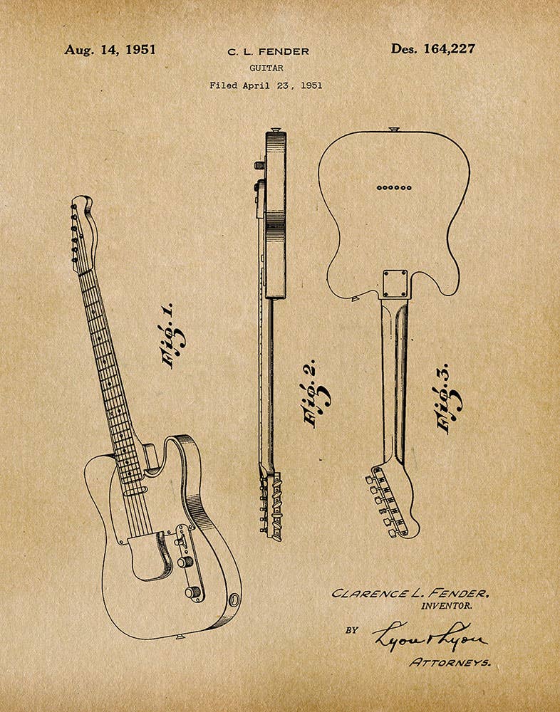 Fender Telecaster guitar patent illustration with text on a beige background