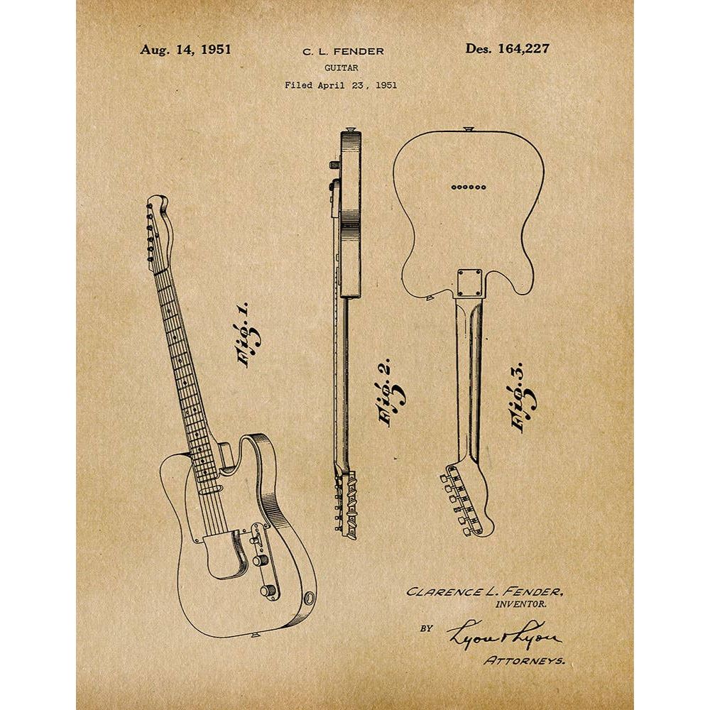 Patent Art Print, Fender Telecaster Guitar 1951 - Parchment / 8"x 10"