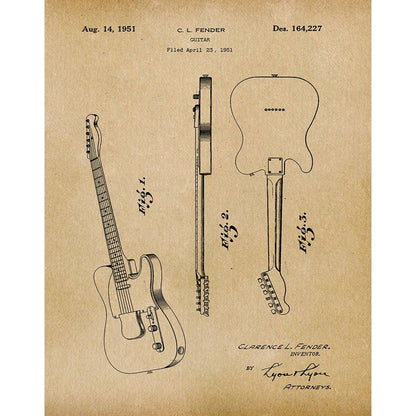 Patent Art Print, Fender Telecaster Guitar 1951 - Parchment / 8"x 10"