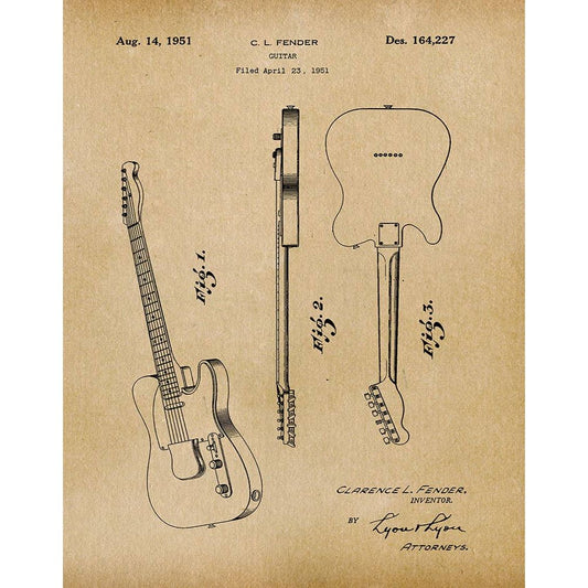 Patent Art Print, Fender Telecaster Guitar 1951 - Parchment / 8"x 10"