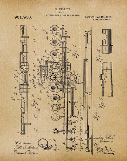 Vintage patent illustration of a flute on a beige background
