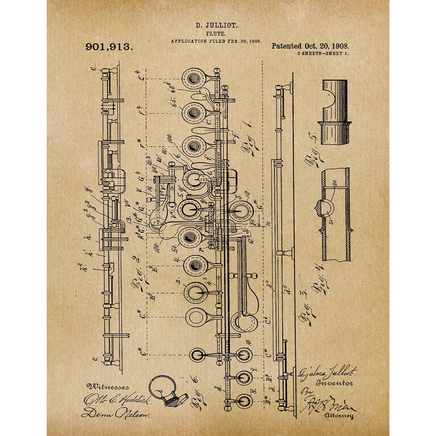 Patent Art Print, Flute 1908 - Parchment / 8"x 10"