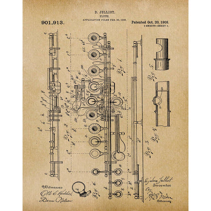 Patent Art Print, Flute 1908 - Parchment / 8"x 10"