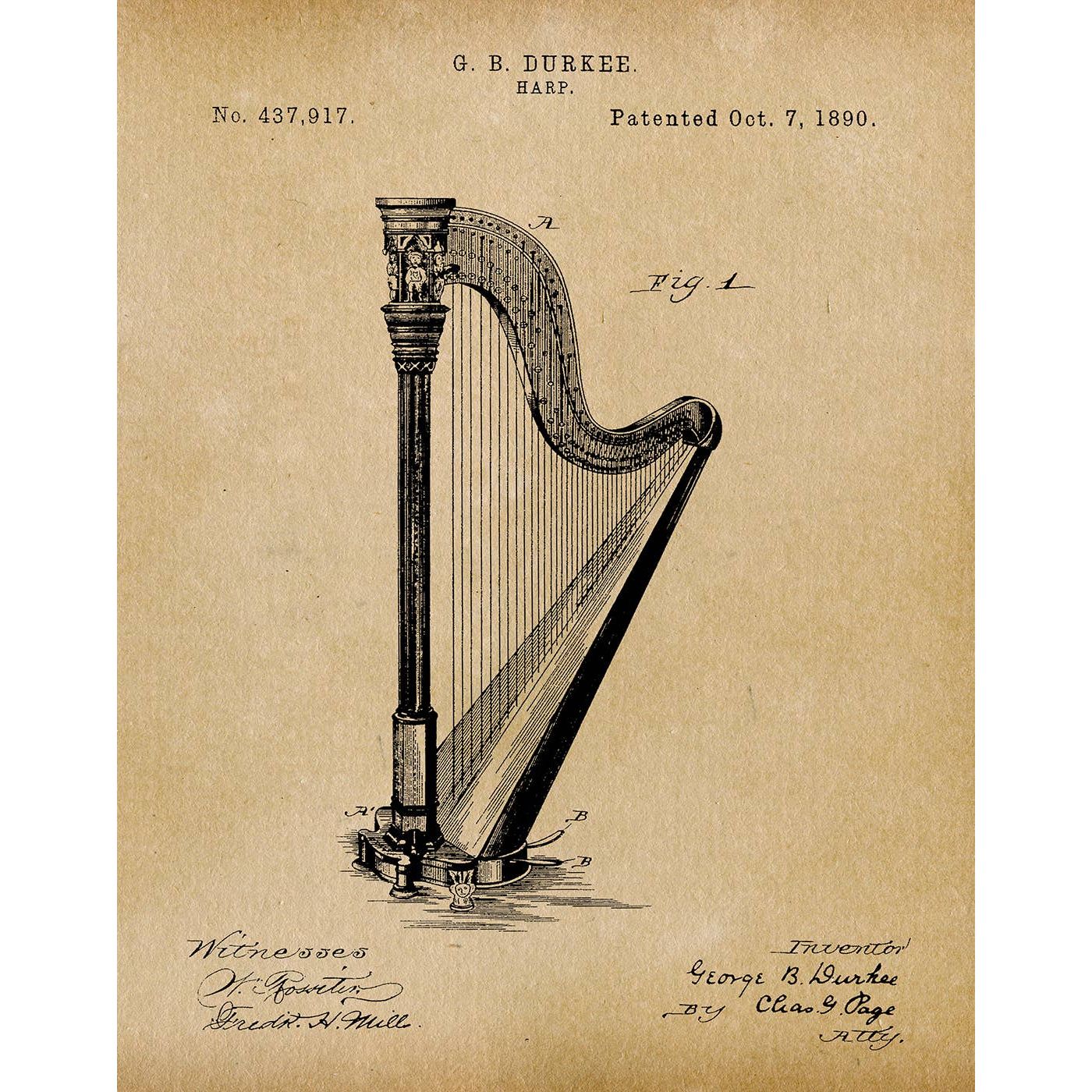 Patent Art Print, Harp 1890 - Parchment / 8"x 10"