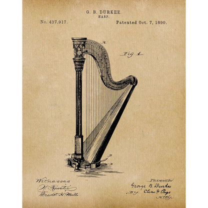 Patent Art Print, Harp 1890 - Parchment / 8"x 10"