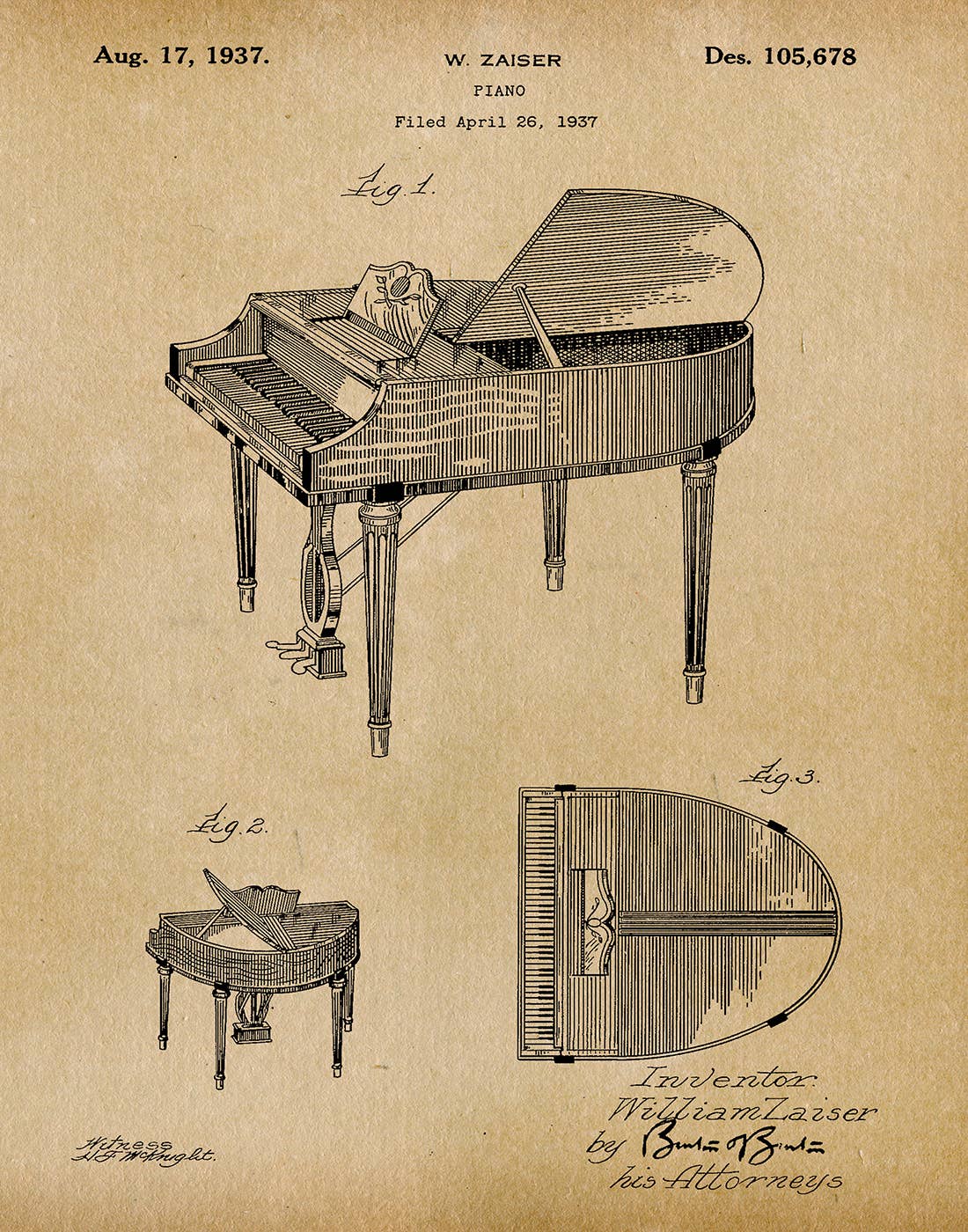 Vintage patent illustration of a piano with technical details on a beige background