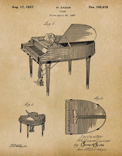 Vintage patent illustration of a piano with technical details on a beige background