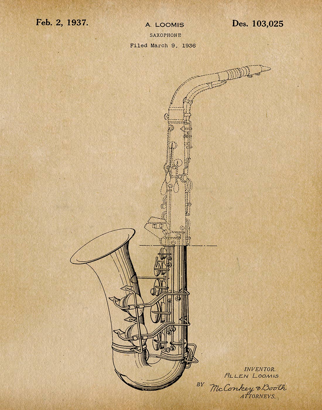 Schematic drawing of a saxophone on a beige background with text