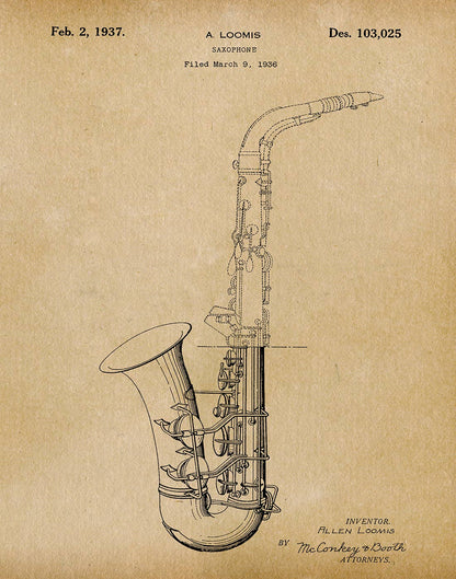 Schematic drawing of a saxophone on a beige background with text