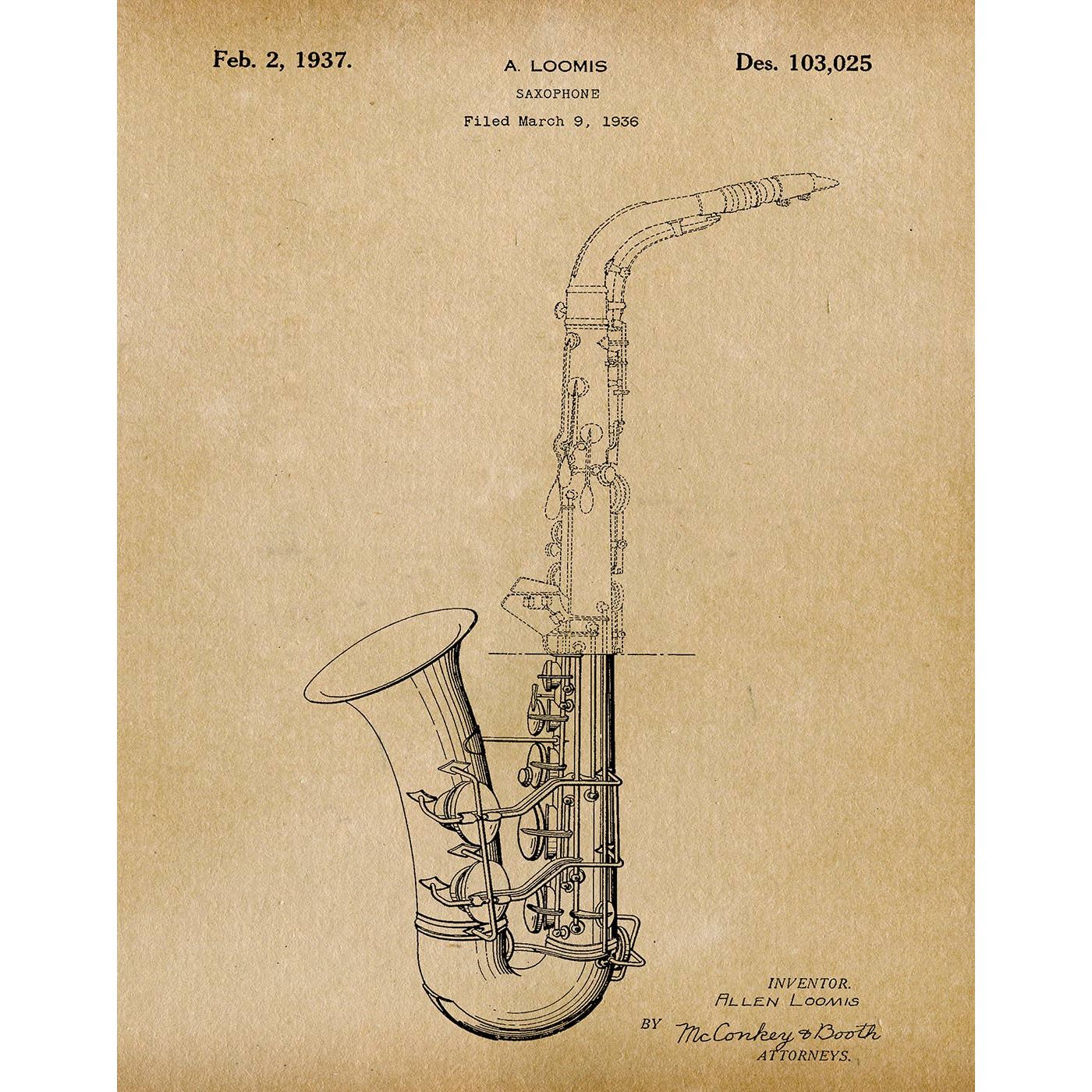 Patent Art Print, Saxophone 1937 - Parchment / 8"x 10"