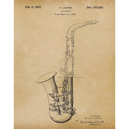 Patent Art Print, Saxophone 1937 - Parchment / 8"x 10"