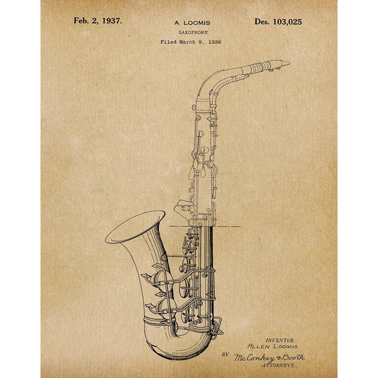 Patent Art Print, Saxophone 1937 - Parchment / 8"x 10"