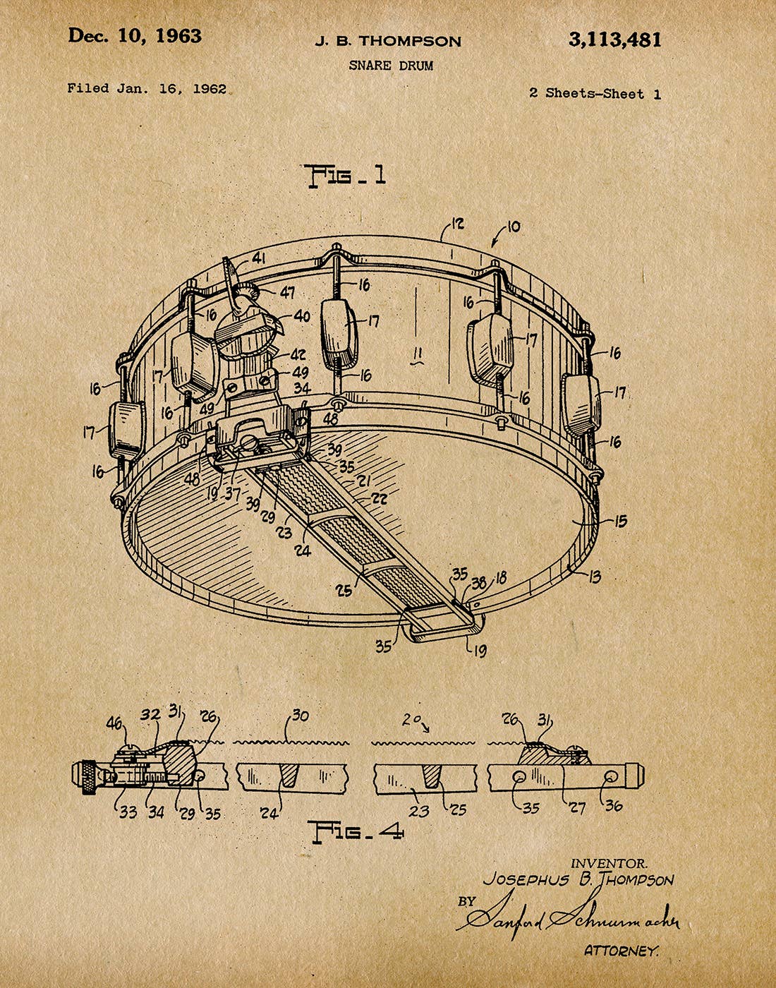 Patent illustration of a snare drum on a textured beige background