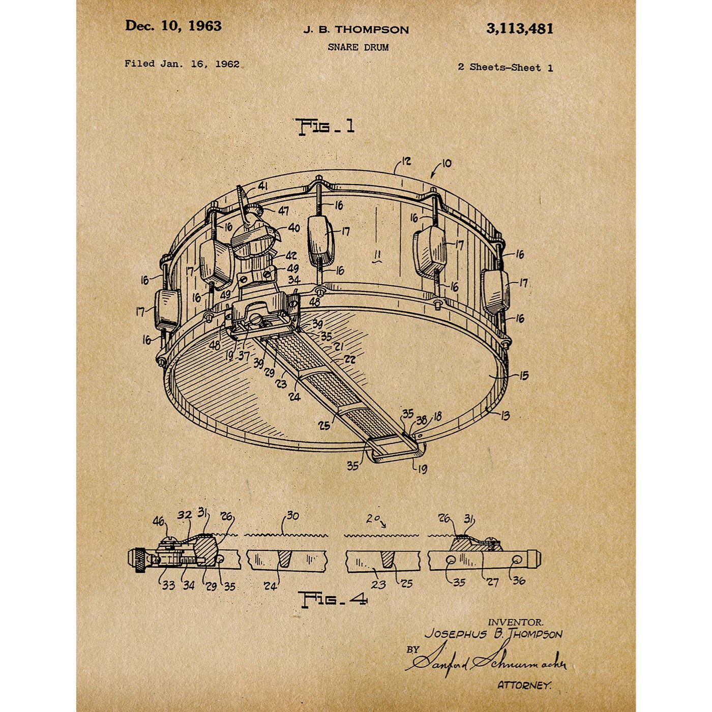 Patent Art Print, Snare Drum 1963 - Parchment / 8"x 10"