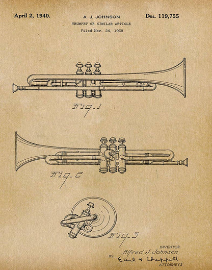 Patent illustration of a trumpet on a textured beige background